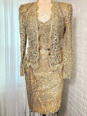 Vintage Jessica McClintock Gold Lace Dress Set Size 10 Formal Evening Dress Meta
